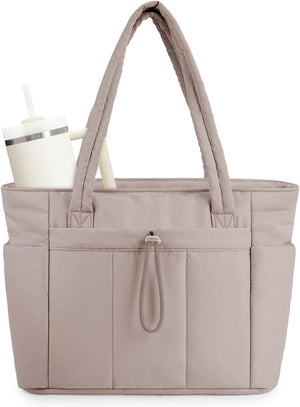 Quilted Tote Bag with Tumbler Holder and Padded Laptop Sleeve