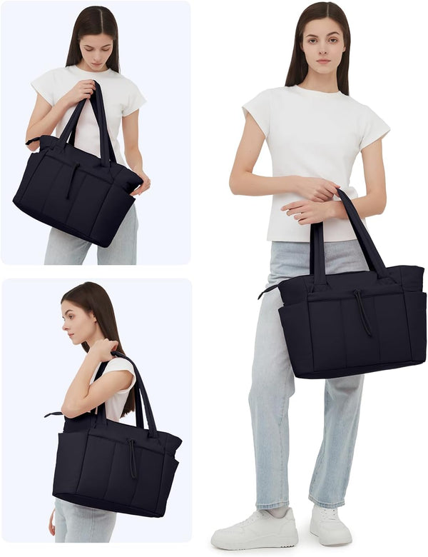 Quilted Tote Bag with Tumbler Holder and Padded Laptop Sleeve