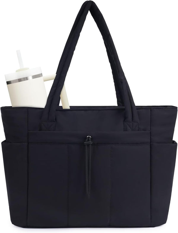 Quilted Tote Bag with Tumbler Holder and Padded Laptop Sleeve