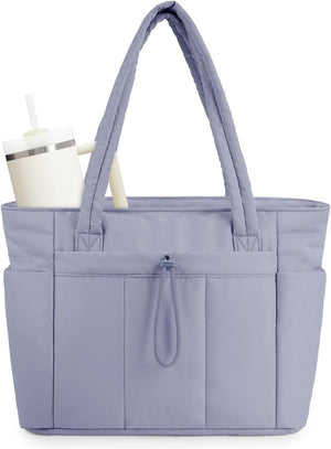 Quilted Tote Bag with Tumbler Holder and Padded Laptop Sleeve