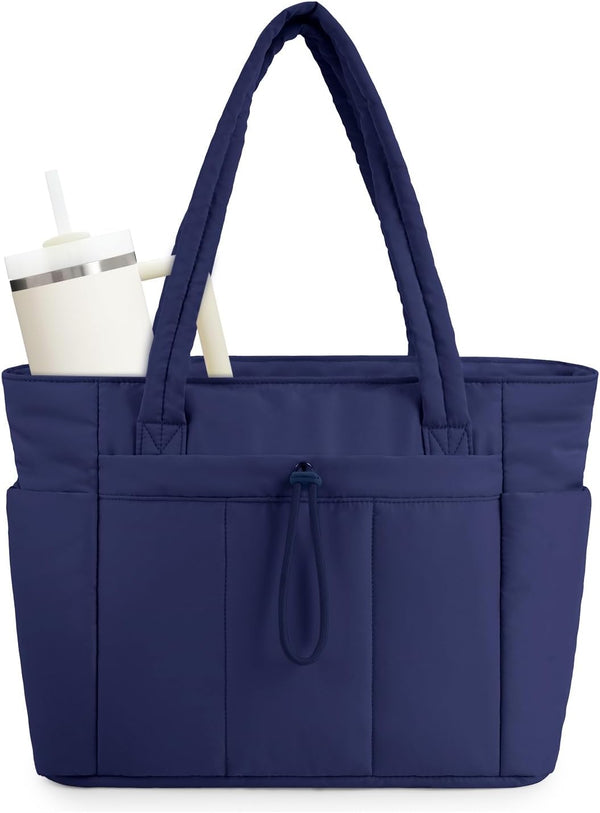 Quilted Tote Bag with Tumbler Holder and Padded Laptop Sleeve