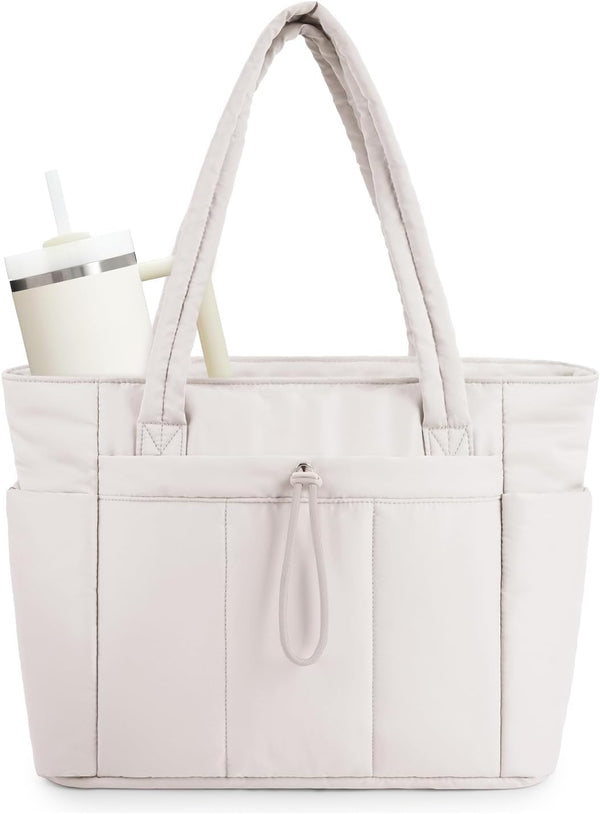 Quilted Tote Bag with Tumbler Holder and Padded Laptop Sleeve