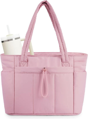 Quilted Tote Bag with Tumbler Holder and Padded Laptop Sleeve