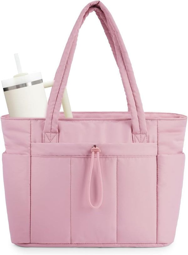 Quilted Tote Bag with Tumbler Holder and Padded Laptop Sleeve